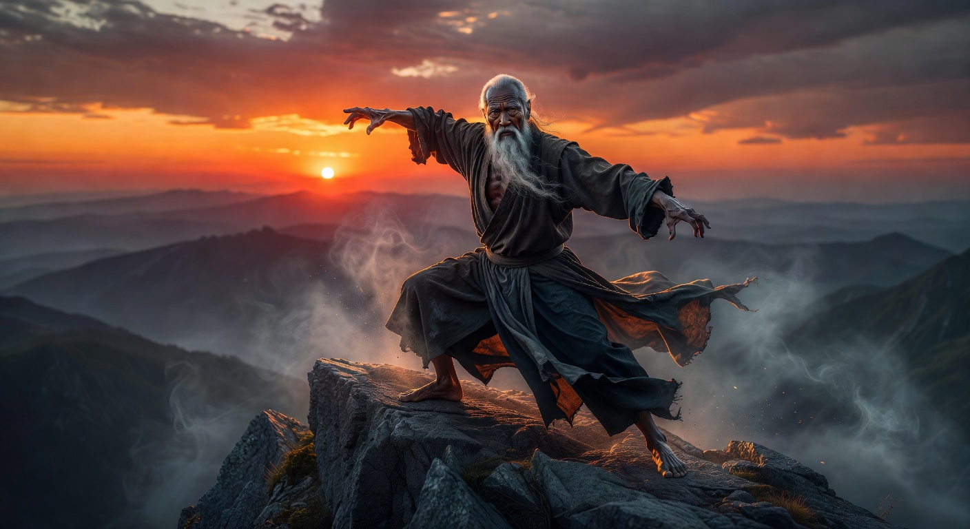 Cinematic Kung Fu master practicing martial arts stances at sunset